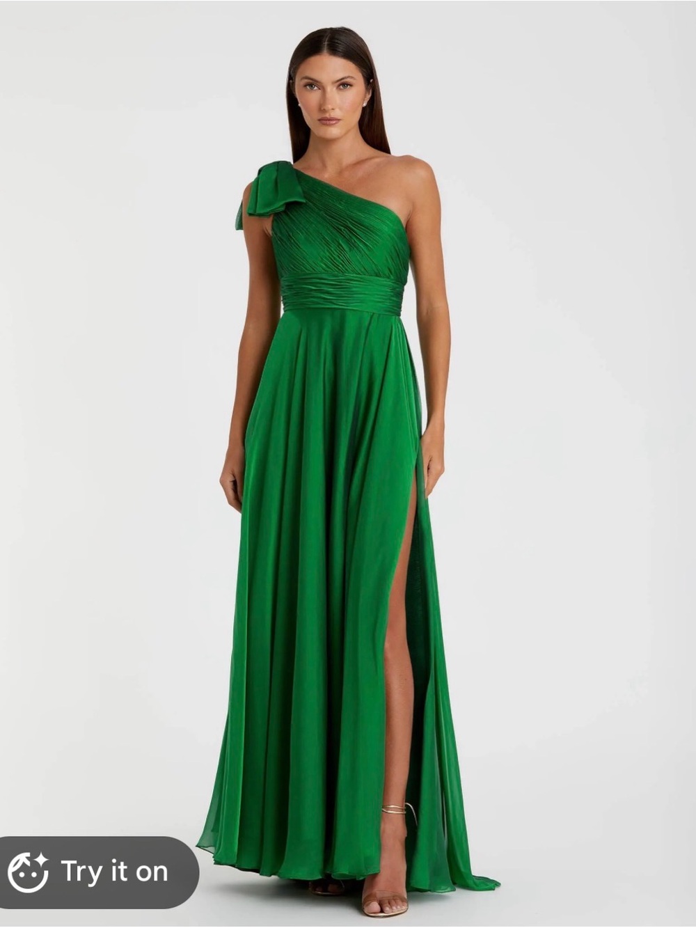 Mac Duggal One-Shoulder Emerald Gown with Shoulder Bow